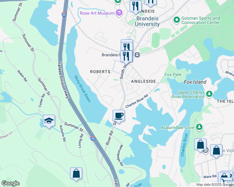 map of restaurants, bars, coffee shops, grocery stores, and more near 30 Banford Way in Waltham