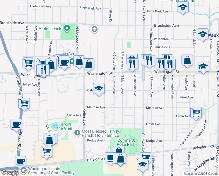 map of restaurants, bars, coffee shops, grocery stores, and more near 31 South Orchard Avenue in Waukegan