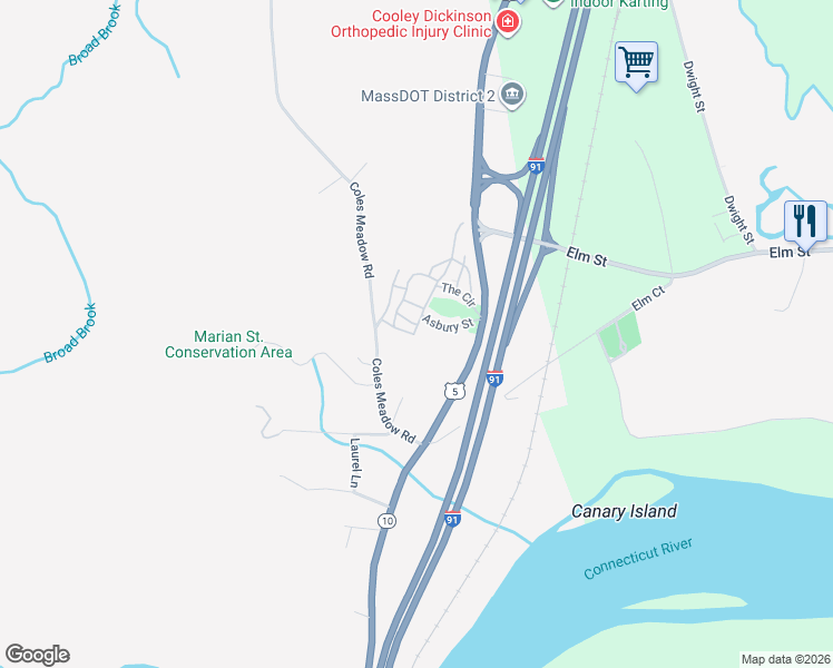 map of restaurants, bars, coffee shops, grocery stores, and more near 174 Northampton Street in Northampton