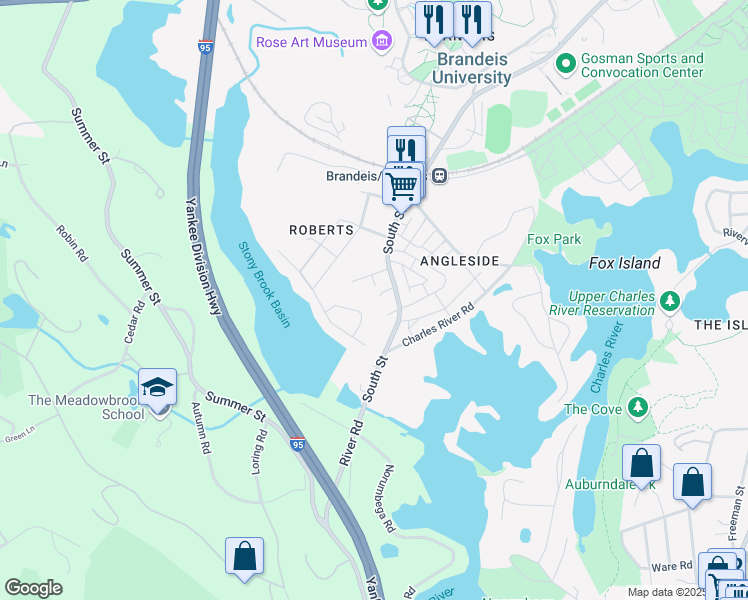 map of restaurants, bars, coffee shops, grocery stores, and more near 655 South Street in Waltham