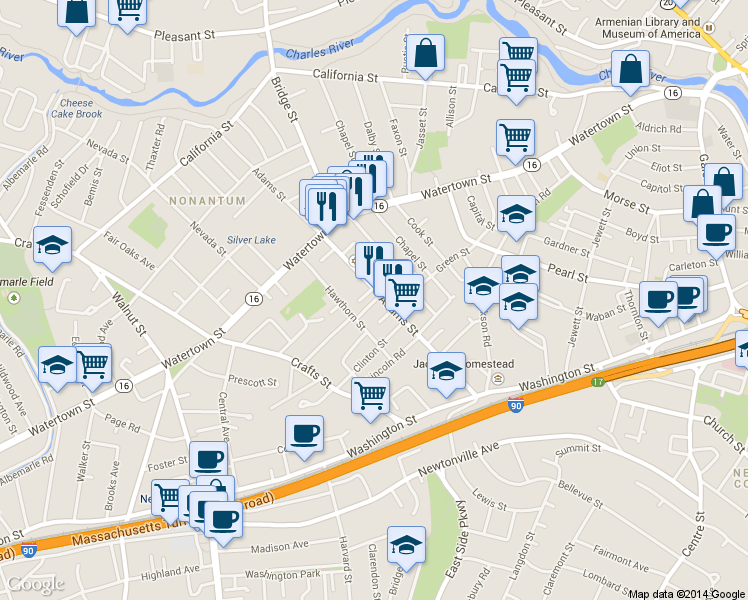 map of restaurants, bars, coffee shops, grocery stores, and more near 76 Eldredge Street in Newton
