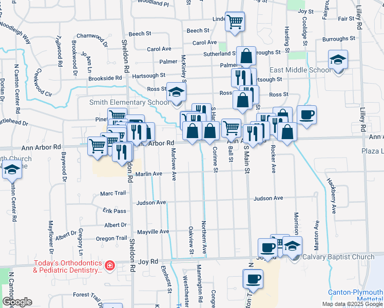 map of restaurants, bars, coffee shops, grocery stores, and more near 1065 Ann Arbor Road in Plymouth