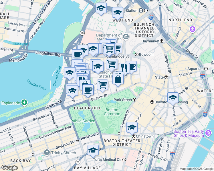 map of restaurants, bars, coffee shops, grocery stores, and more near in Boston