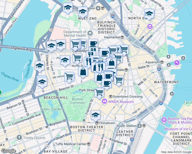 map of restaurants, bars, coffee shops, grocery stores, and more near Beacon Street & Bowdoin Street in Boston