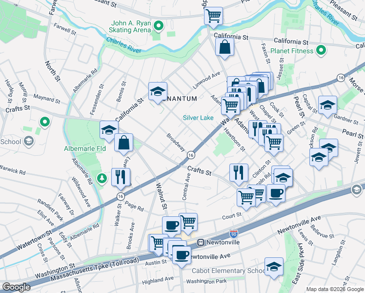 map of restaurants, bars, coffee shops, grocery stores, and more near 18 Broadway Terrace in Newton