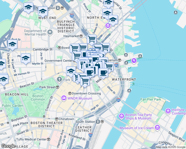 map of restaurants, bars, coffee shops, grocery stores, and more near 50 Congress Street in Boston