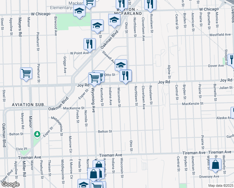 map of restaurants, bars, coffee shops, grocery stores, and more near 8589 Wisconsin Street in Detroit