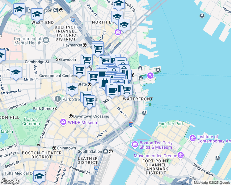 map of restaurants, bars, coffee shops, grocery stores, and more near Milk St & Broad St in Boston