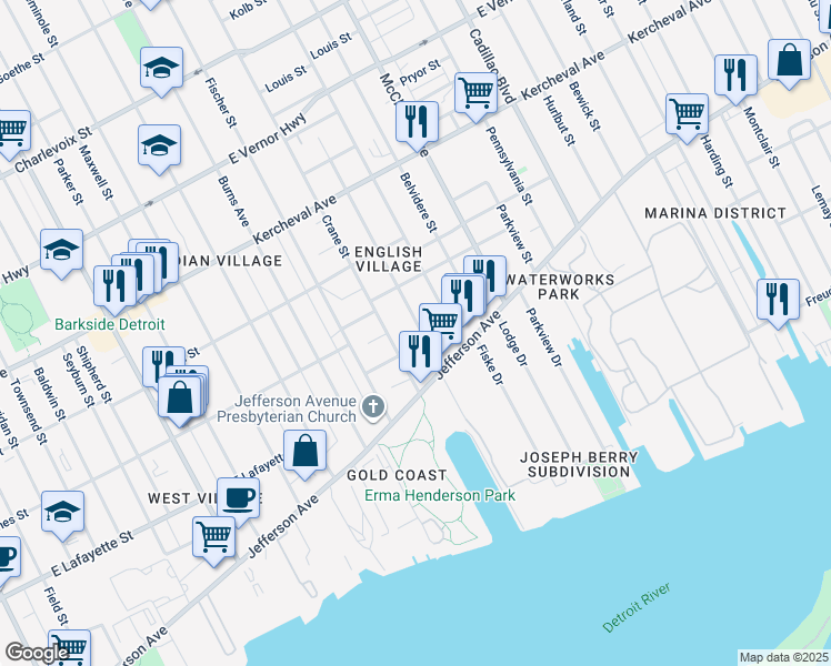 map of restaurants, bars, coffee shops, grocery stores, and more near 1095 Hibbard Street in Detroit