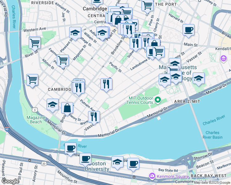 map of restaurants, bars, coffee shops, grocery stores, and more near 281 Albany Street in Cambridge