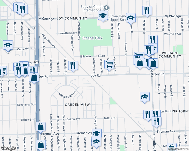 map of restaurants, bars, coffee shops, grocery stores, and more near Joy Rd & Asbury Park in Detroit