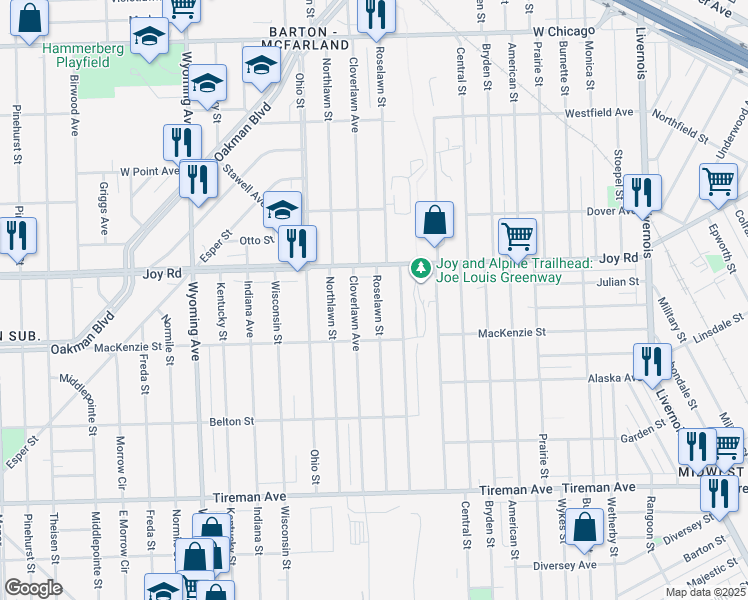 map of restaurants, bars, coffee shops, grocery stores, and more near 8587 Roselawn Street in Detroit