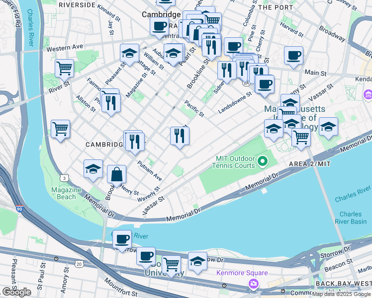 map of restaurants, bars, coffee shops, grocery stores, and more near 21 Erie Street in Cambridge
