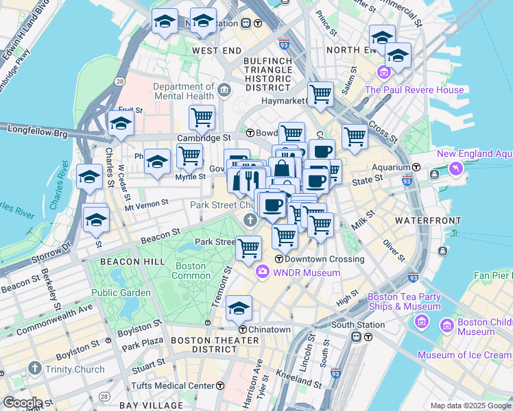 map of restaurants, bars, coffee shops, grocery stores, and more near 6 Beacon Street in Boston