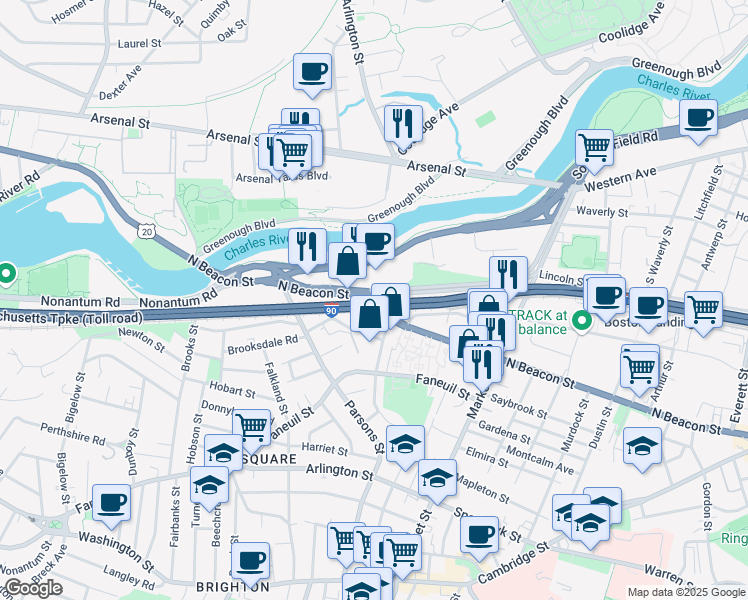 map of restaurants, bars, coffee shops, grocery stores, and more near 135 Leo M Birmingham Parkway in Boston