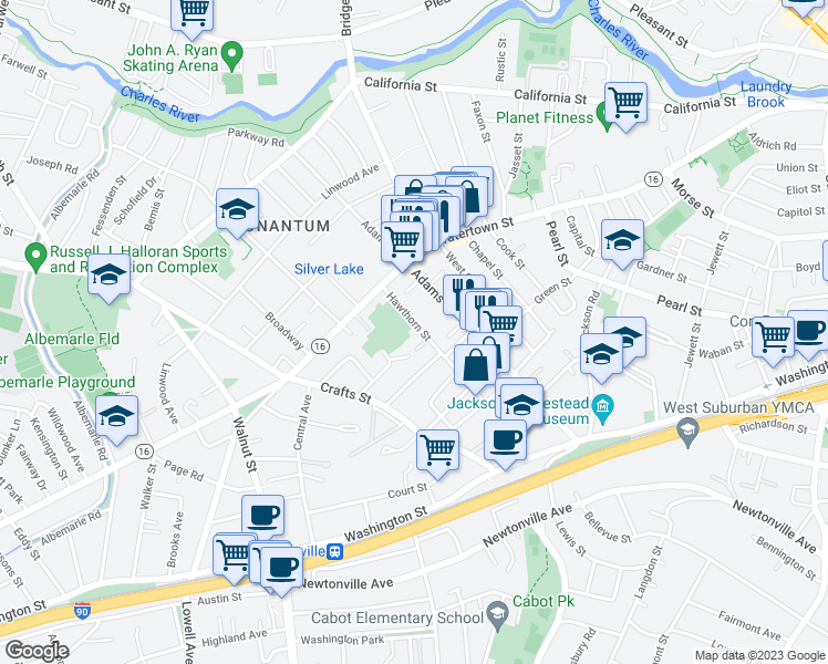 map of restaurants, bars, coffee shops, grocery stores, and more near 45 Hawthorn Street in Newton