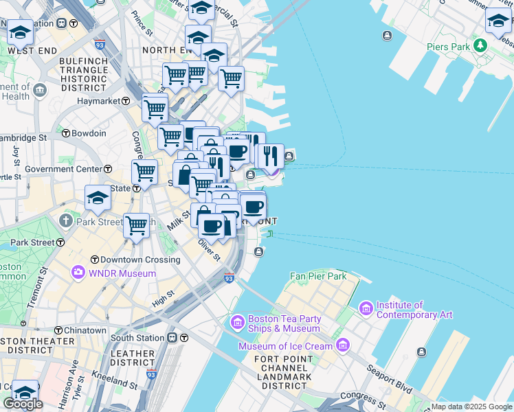 map of restaurants, bars, coffee shops, grocery stores, and more near 65 East India Row in Boston