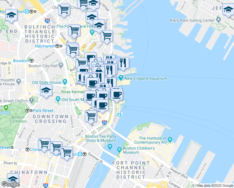 map of restaurants, bars, coffee shops, grocery stores, and more near 65 East India Row in Boston