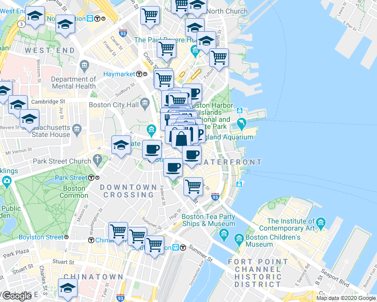 map of restaurants, bars, coffee shops, grocery stores, and more near 75 State Street in Boston