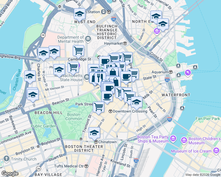 map of restaurants, bars, coffee shops, grocery stores, and more near 6 Beacon Street in Boston