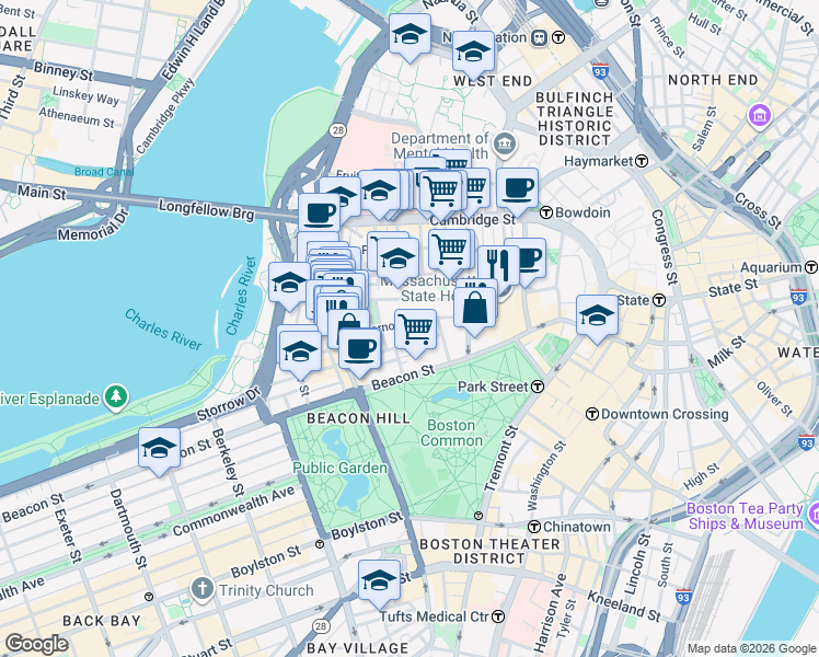 map of restaurants, bars, coffee shops, grocery stores, and more near in Boston