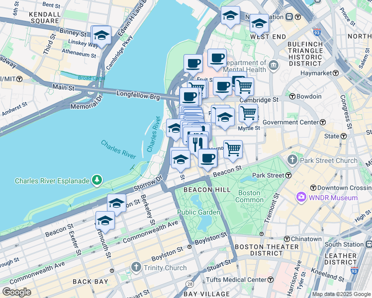map of restaurants, bars, coffee shops, grocery stores, and more near 94 Pinckney Street in Boston