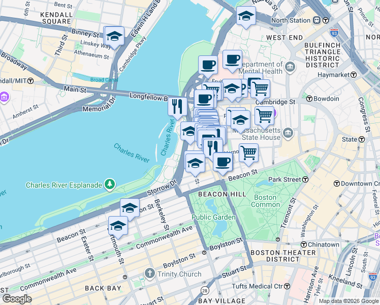 map of restaurants, bars, coffee shops, grocery stores, and more near 94 Pinckney Street in Boston