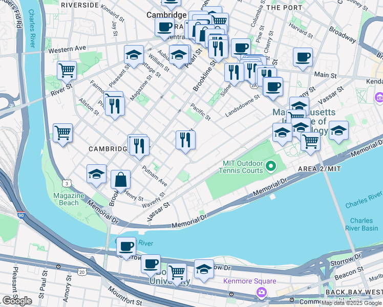 map of restaurants, bars, coffee shops, grocery stores, and more near 281 Albany Street in Cambridge