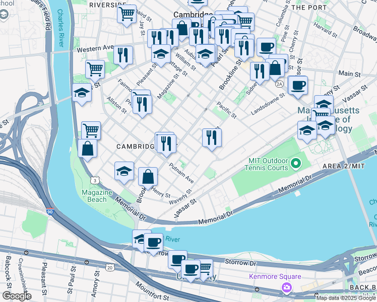 map of restaurants, bars, coffee shops, grocery stores, and more near 93 Hamilton Street in Cambridge