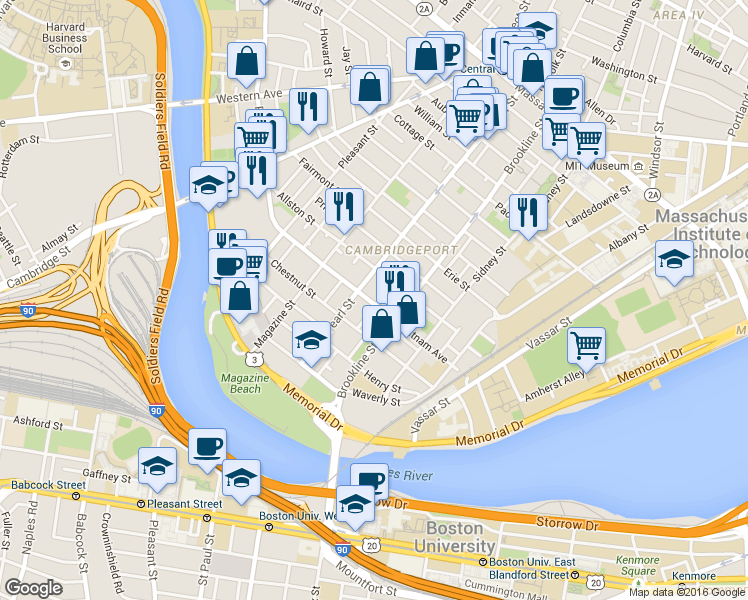 map of restaurants, bars, coffee shops, grocery stores, and more near in Cambridge