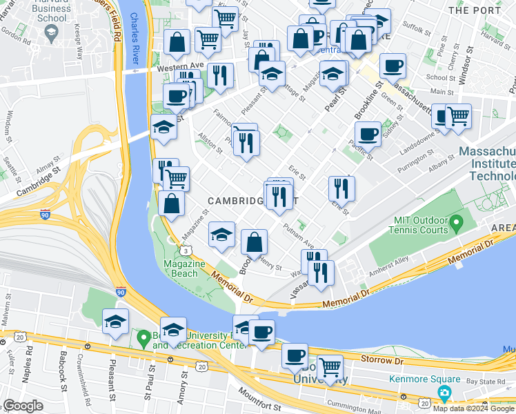 map of restaurants, bars, coffee shops, grocery stores, and more near in Cambridge