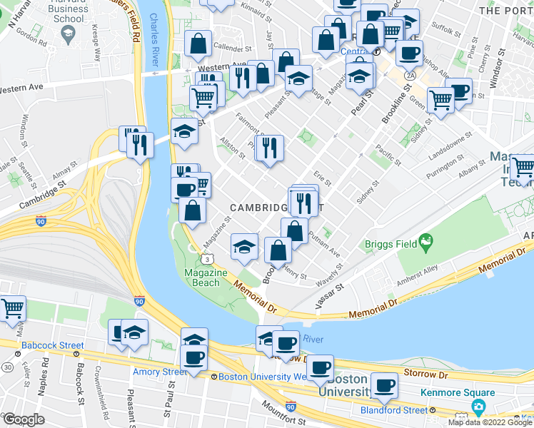 map of restaurants, bars, coffee shops, grocery stores, and more near 1 Newton Street in Cambridge