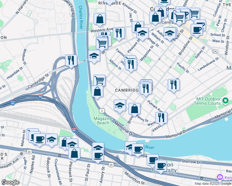 map of restaurants, bars, coffee shops, grocery stores, and more near 139 Magazine Street in Cambridge