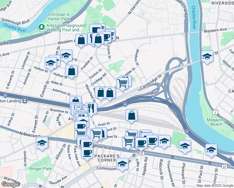map of restaurants, bars, coffee shops, grocery stores, and more near 76 Empire Street in Boston
