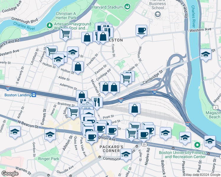 map of restaurants, bars, coffee shops, grocery stores, and more near 40 Hooker Street in Boston