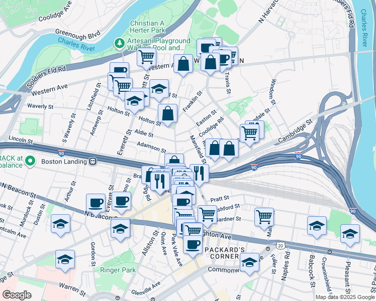 map of restaurants, bars, coffee shops, grocery stores, and more near 38 Mansfield Street in Boston