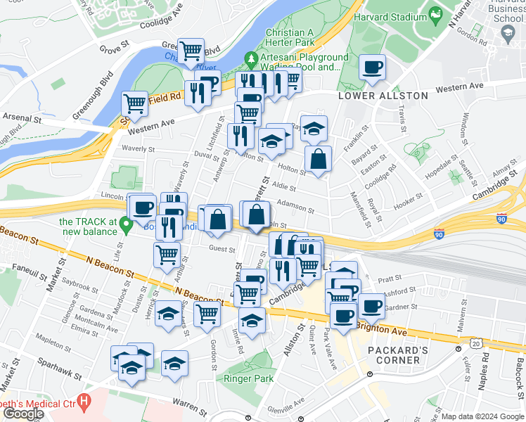 map of restaurants, bars, coffee shops, grocery stores, and more near 163 Everett Street in Boston