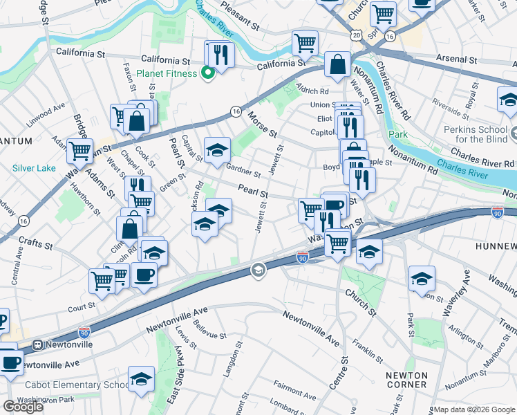 map of restaurants, bars, coffee shops, grocery stores, and more near 134 Pearl Street in Newton