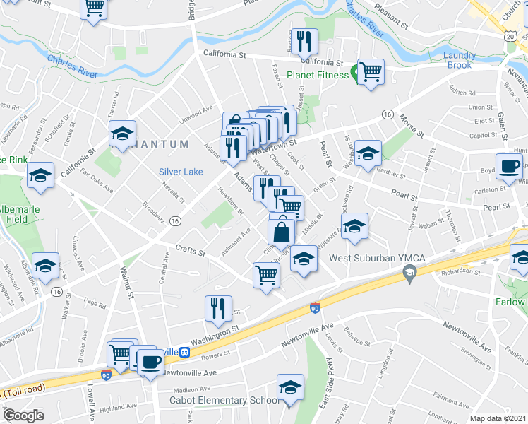 map of restaurants, bars, coffee shops, grocery stores, and more near 7 Quirk Court in Newton