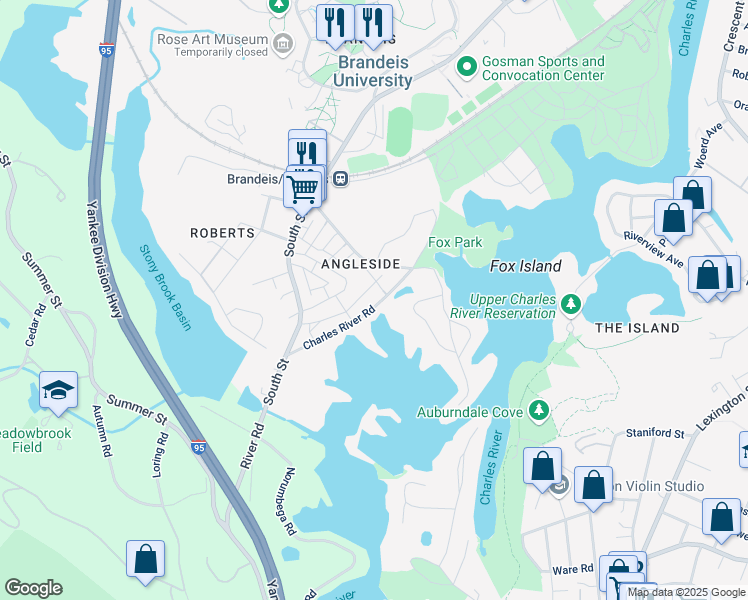 map of restaurants, bars, coffee shops, grocery stores, and more near 66 Charlesbank Way in Waltham