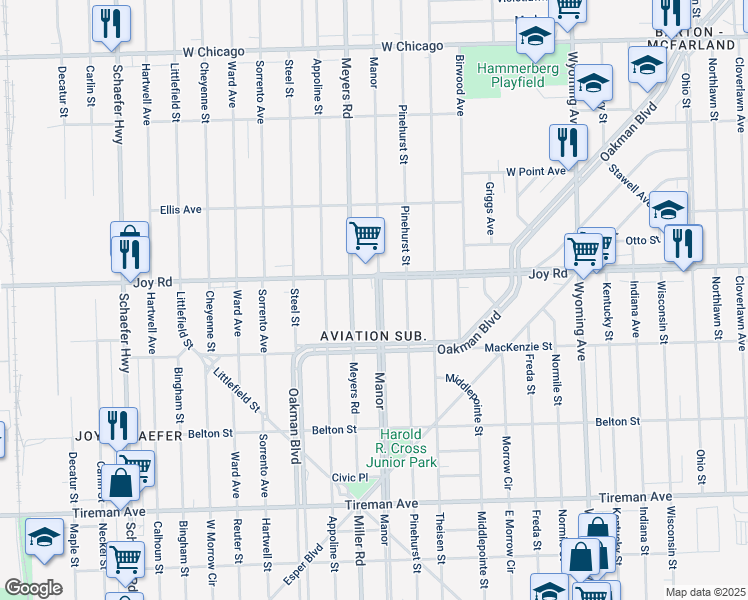 map of restaurants, bars, coffee shops, grocery stores, and more near 10641 Joy Road in Detroit