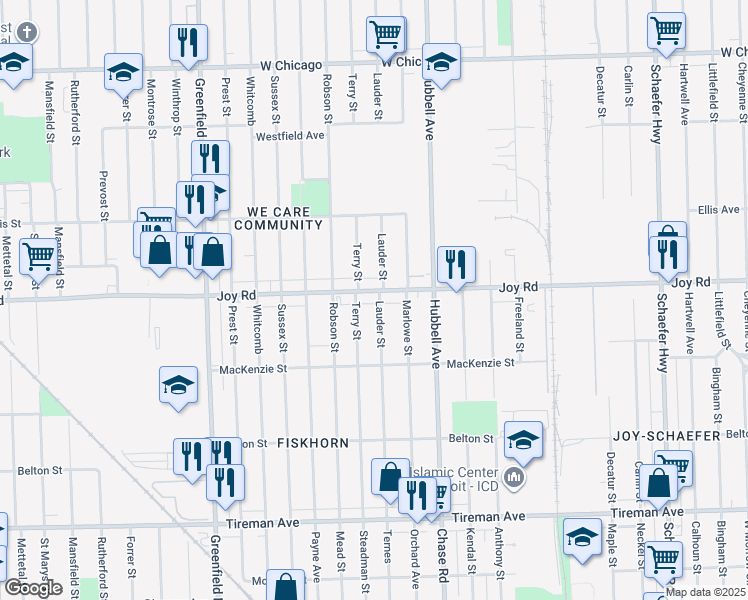 map of restaurants, bars, coffee shops, grocery stores, and more near 14826 Joy Road in Detroit