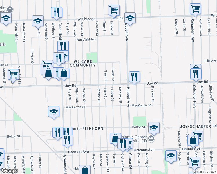 map of restaurants, bars, coffee shops, grocery stores, and more near 14826 Joy Road in Detroit