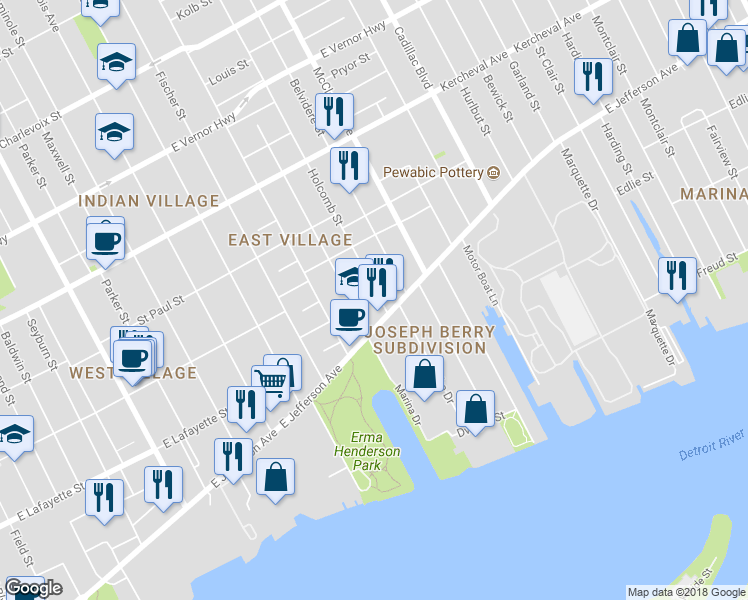 map of restaurants, bars, coffee shops, grocery stores, and more near 1106 Hibbard Street in Detroit
