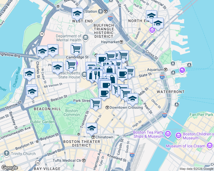 map of restaurants, bars, coffee shops, grocery stores, and more near 6 Beacon Street in Boston