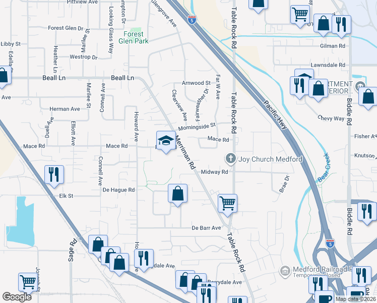 map of restaurants, bars, coffee shops, grocery stores, and more near 2798 Merriman Road in Medford