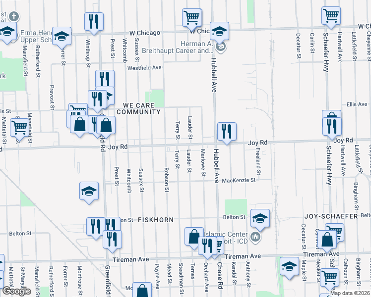 map of restaurants, bars, coffee shops, grocery stores, and more near 14826 Joy Road in Detroit