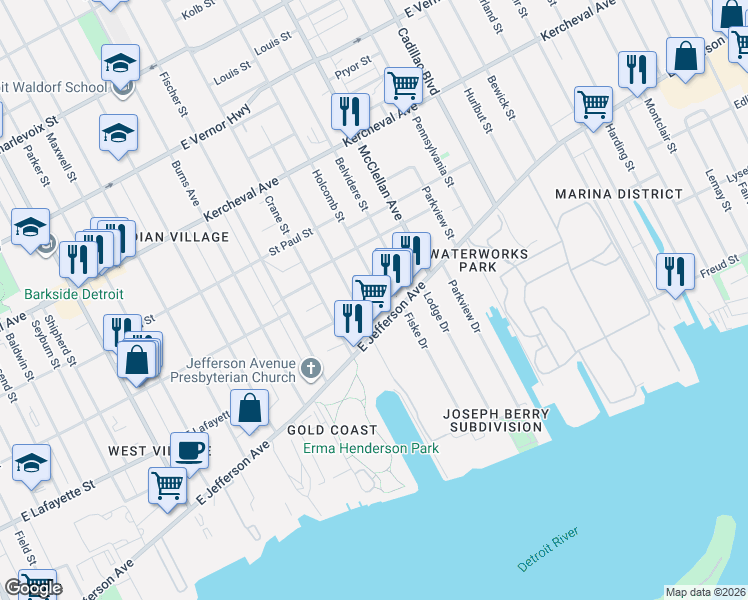 map of restaurants, bars, coffee shops, grocery stores, and more near 1141 Holcomb Street in Detroit