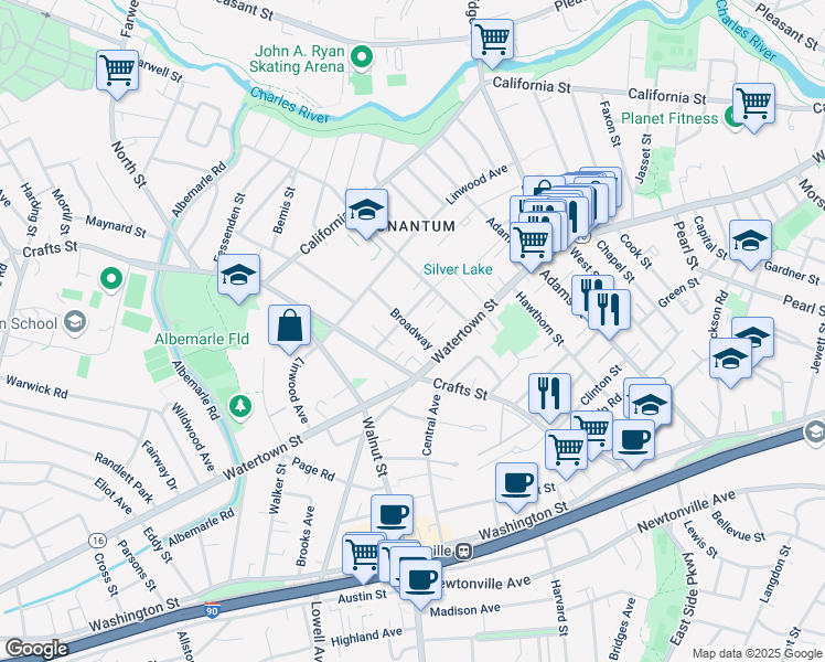 map of restaurants, bars, coffee shops, grocery stores, and more near 26 Broadway Street in Newton