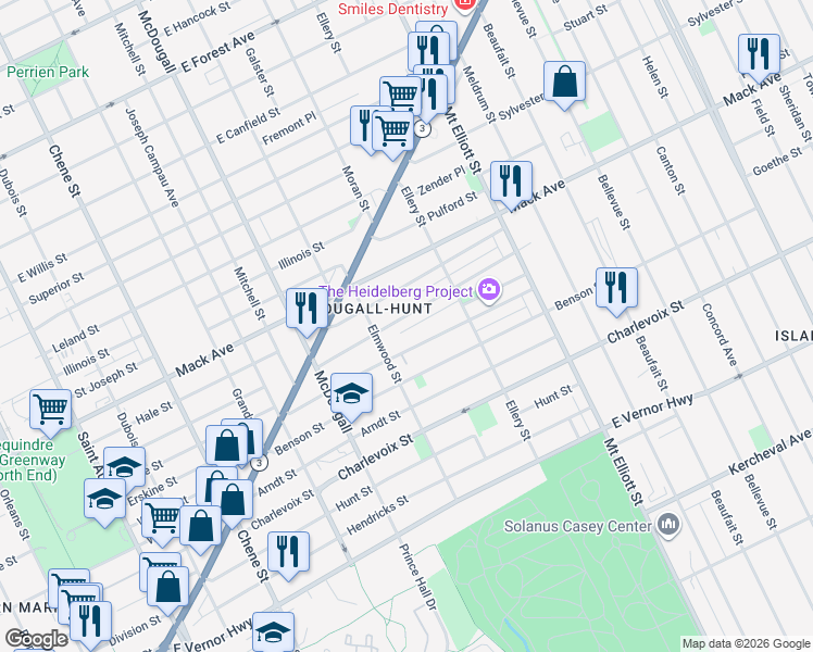 map of restaurants, bars, coffee shops, grocery stores, and more near 3381 Preston Street in Detroit
